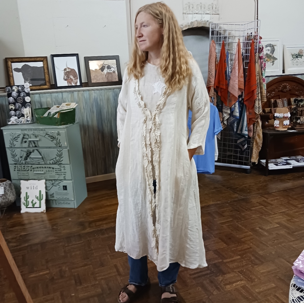 Linen Duster with Beige Stripes